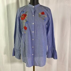NWT LOFT Blue & White Striped Embroidered Floral Button Front Bell Sleeve Top